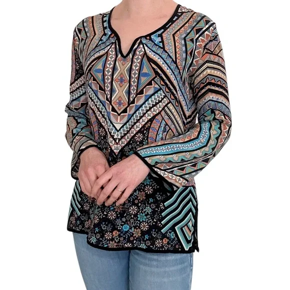 Tolani silk long sleeve blouse abstract print tunic navy blue Anthropologie - Picture 2 of 7